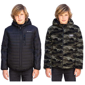 NWOT Eddie Bauer Boys Plush Reversible Hooded Jacket Black and Camoflauge